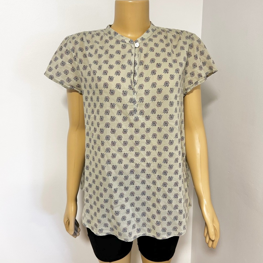 J.Crew Womens Floral Block Print Cotton Band Collar Blouse Sage Green RN97641